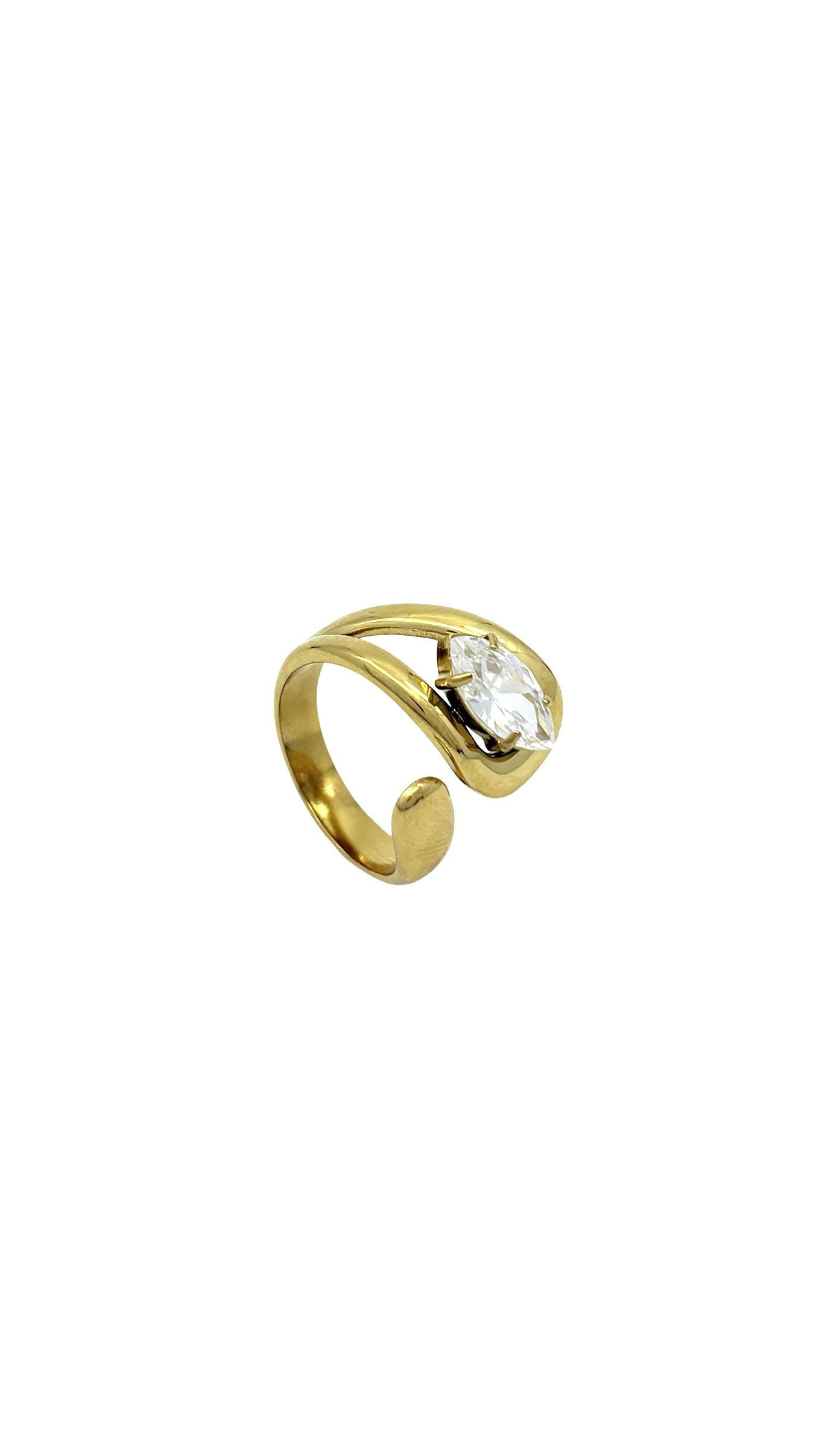 anello dorato con forme sinuose e un diamante finto a forma di mandorla centrale, regolabile e Nichel nei termini di legge. Altra prospettiva
